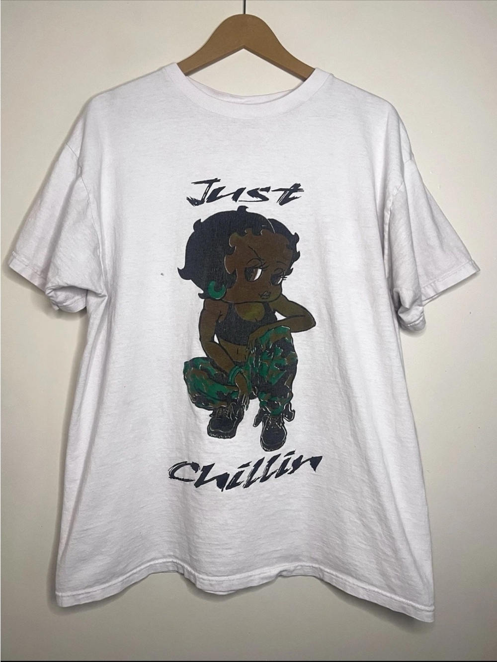 Vintage 90s Black Betty Boop Just Chilling Camo Hip Hop Rap T Shirt XL *FLAWS*